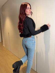 Abrilcols 纯色毛绒边前开短款秋装女式夹克 - 黑色 - 查看 2