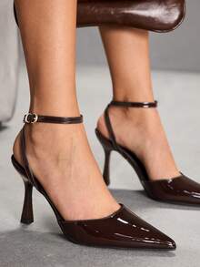 CUCCOO SZL 女士尖头细高跟棕色踝带露跟高跟鞋 女士高跟鞋 简约优雅时尚性感派对宴会女士高跟鞋 女鞋 - 鏡面咖啡171 - 查看 3