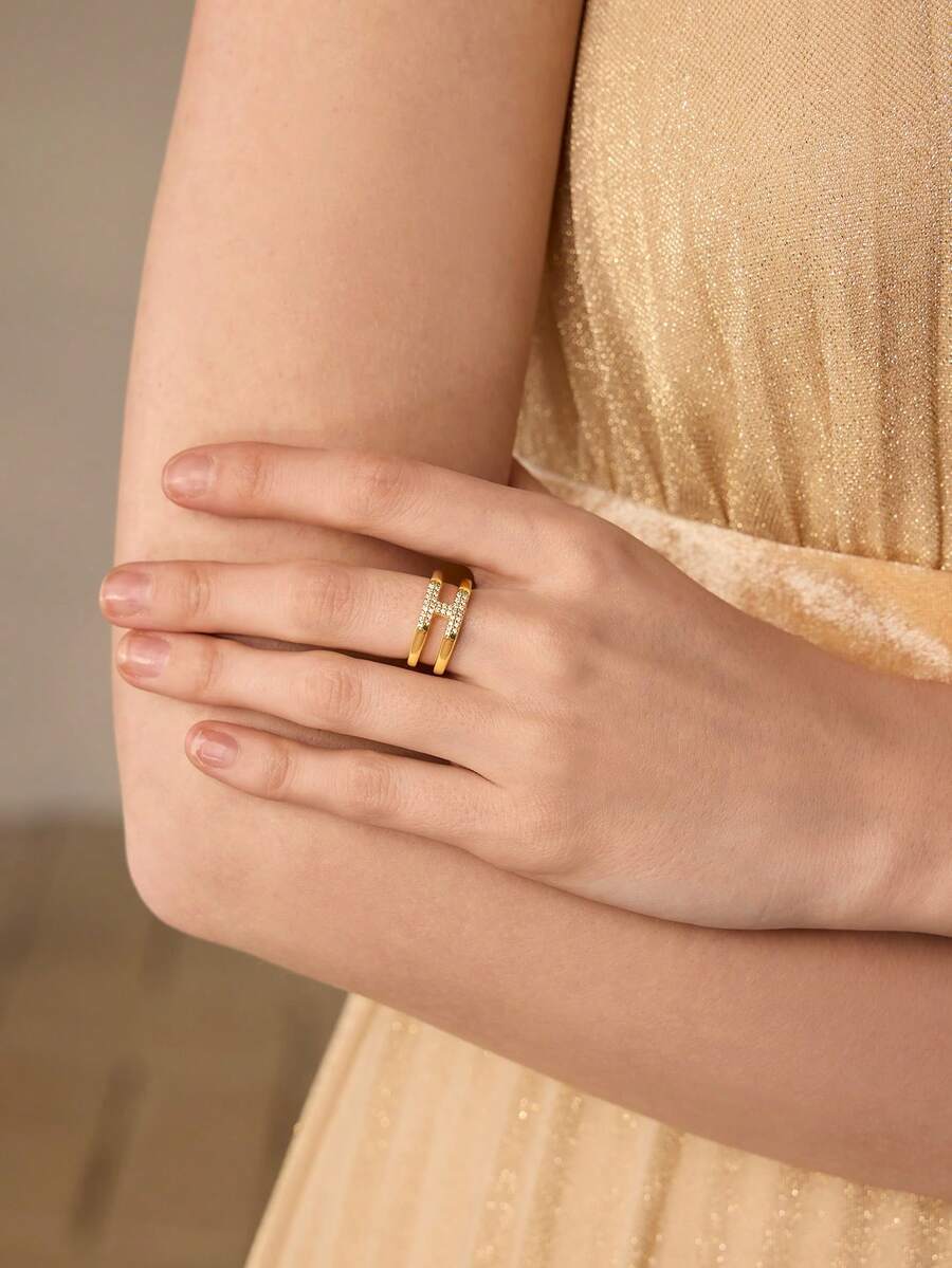 MOTF PREMIUM PRE18K GOLD PLATED RHOMBUS DOUBLE LAYER SIMPLE WHITE DIAMOND RING - White - View 2