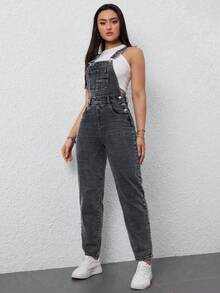 Flexra 女士街头风带口袋牛仔背带裤 - 黑色 - 查看 4