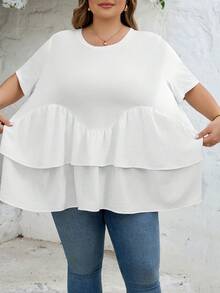 SHEIN CURVE+ Curve 尺码 US22 音乐节、海滨度假、波西米亚风 CURVE PLUS / / 女士白色拼接娃娃衬衫 T 恤 - 白色 - 查看 5