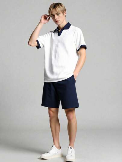 Vacaura 2pcs/Set Teenage Boys Casual Contrast Color Splice Half-Zip Polo Shirt Suit, Suitable For Daily Commute, Leisure, Sports, School Wear Polo And Shorts Set Teen Boy