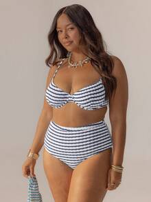 Striped High-Waisted Underwire Bikini Set With Swim Bag, Perfect For Vacations And The 4th Of July, For Summer Outfits And Beach Days - Navy Blue - View 8