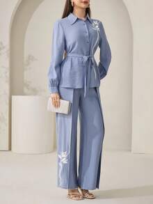 Veilorie Women's Front Button Long Sleeve Casual Elegant Shirt And Pants 2 Pieces Set - Blue - View 6