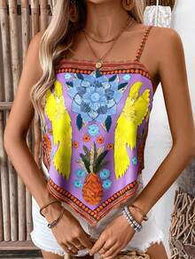 Selianne Áo tank top hai dây dáng rộng in họa tiết hoa lá dành cho nữ, kiểu dáng thường ngày. - Màu tím hoa cà - Xem 6