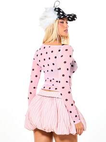 SUMWON WOMEN Polka Dot Long Sleeve Fitted Top With Crew Neckline And Regular Length For Casual Everyday Wear - Pink - View 2