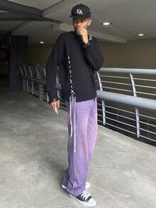 Ngobest Haus Ngobest Haus ANDREILEE 男士街头时尚设计手工系带下摆和袖口做旧流苏黑色极简长袖毛衣，休闲宽松圆领套头衫，适合春、秋、冬三季穿着。 - 黑色 - 查看 5