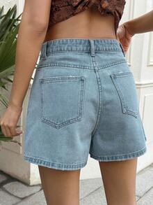 Livesso 浅色水洗宽松休闲女式牛仔短裤 - 藍色 - 查看 2