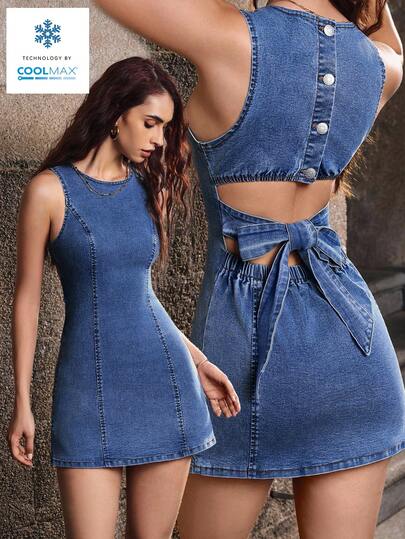 Selenza Women's Solid Color Round Neck Sleeveless Backless Fashion Denim Dress, Summer