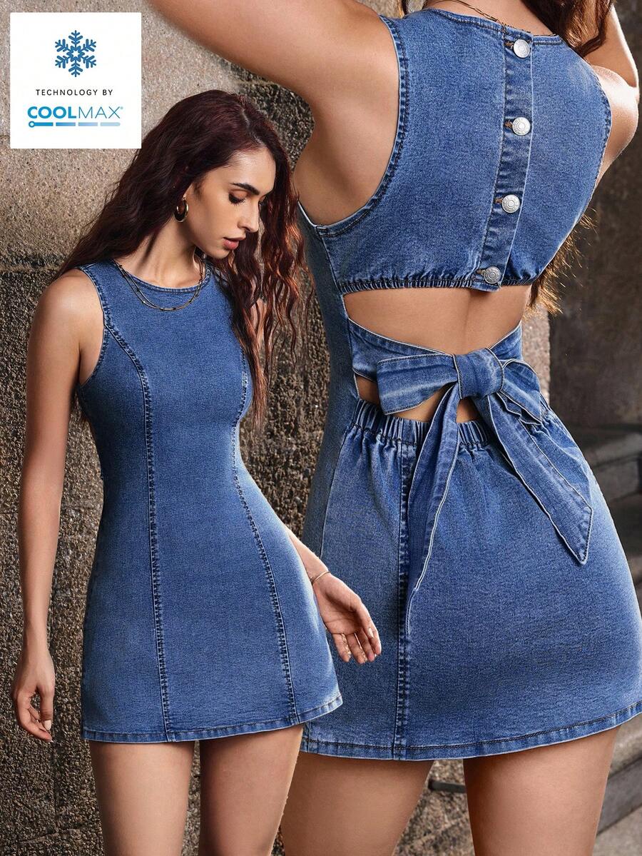 Selenza Women's Solid Color Round Neck Sleeveless Backless Fashion Denim Dress, Summer - Medium Wash - View 1