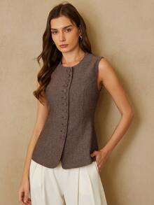 Aveloria Rosie Fashionable Design Casual Round Neck Simple Sleeveless Slim Fit Vest Jacket - Multicolor - View 3