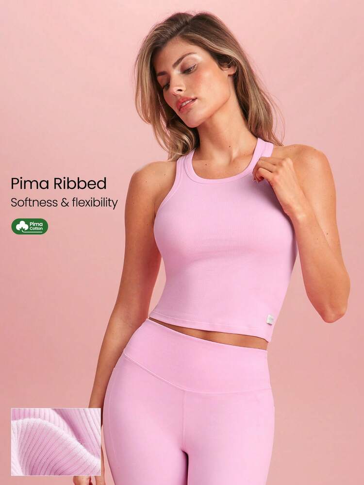 Canotta a costine in cotone Pima, vita modellante, lunghezza vita, vestibilità slim, schiena a racer, per uso quotidiano e casual, adatta per San Valentino