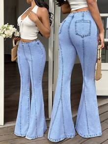 Sunnyshic Quần jean ống loe nữ, kiểu dáng thường ngày, chất liệu denim, có khóa kéo bên hông, thích hợp cho kỳ nghỉ. - Màu xanh lam - Xem 1