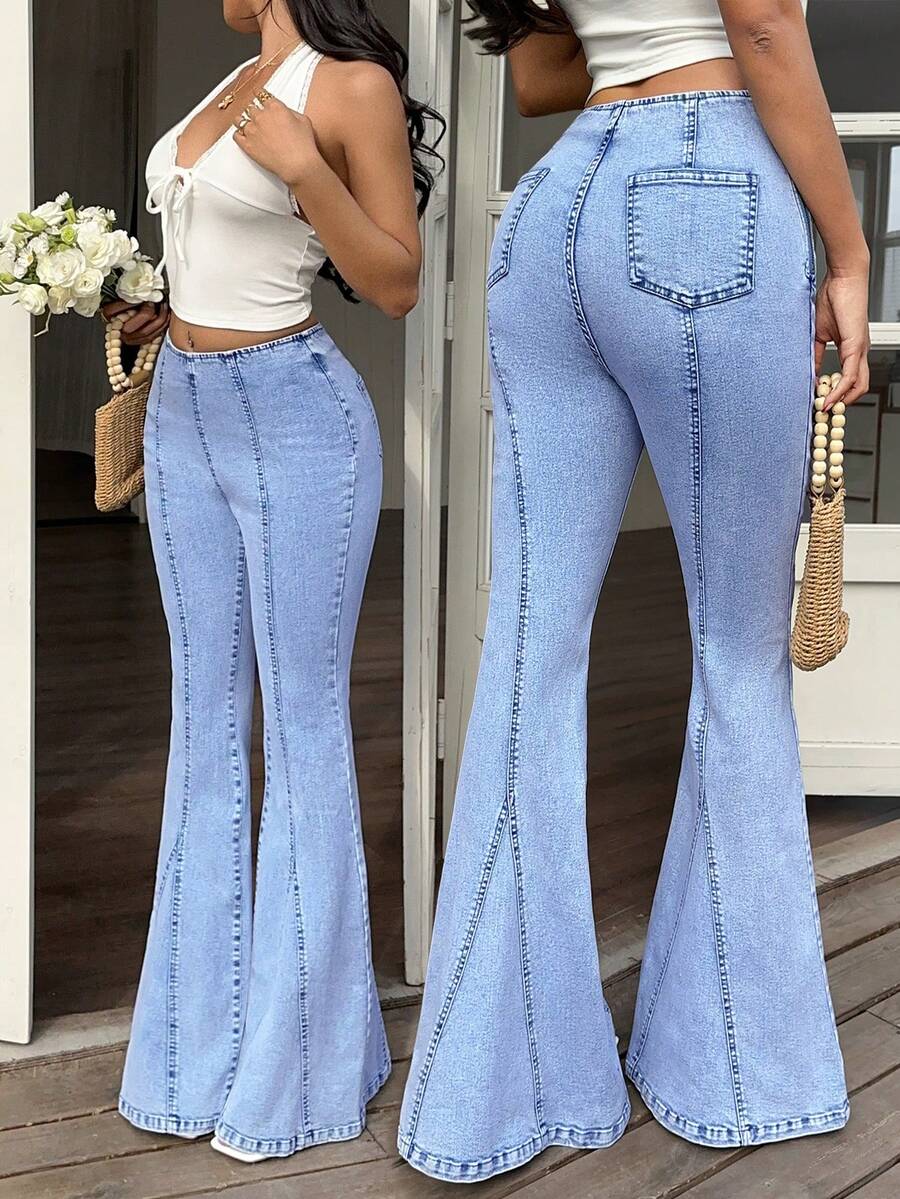 Sunnyshic Quần jean ống loe nữ, kiểu dáng thường ngày, chất liệu denim, có khóa kéo bên hông, thích hợp cho kỳ nghỉ. - Màu xanh lam - Xem 1