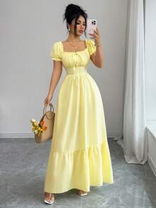 Elenzga Đầm nữ mới, chất liệu vải dệt nhăn, tay phồng, buộc dây phía trước, hở lưng, thắt eo, tôn dáng, thanh lịch, phù hợp cho kỳ nghỉ, hẹn hò thường ngày, trẻ trung và tinh tế. - Màu vàng - Xem 4