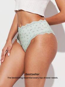LUVLETTE 3-Pack Lace Trim Cotton Mid-Waist Basic Cheeky Women Underwear Panties Set- Floral Print Lace Trim-Green - Multicolor - View 10