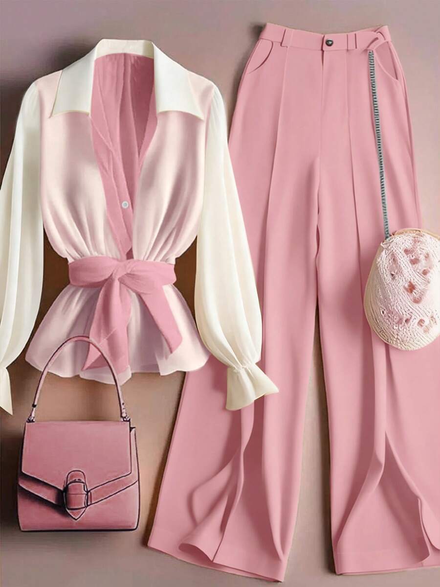 GlowEve 2pcs Dopamine Fashionable Rejuvenating Polo Collar Shirt & Pants Set - Pink - View 1