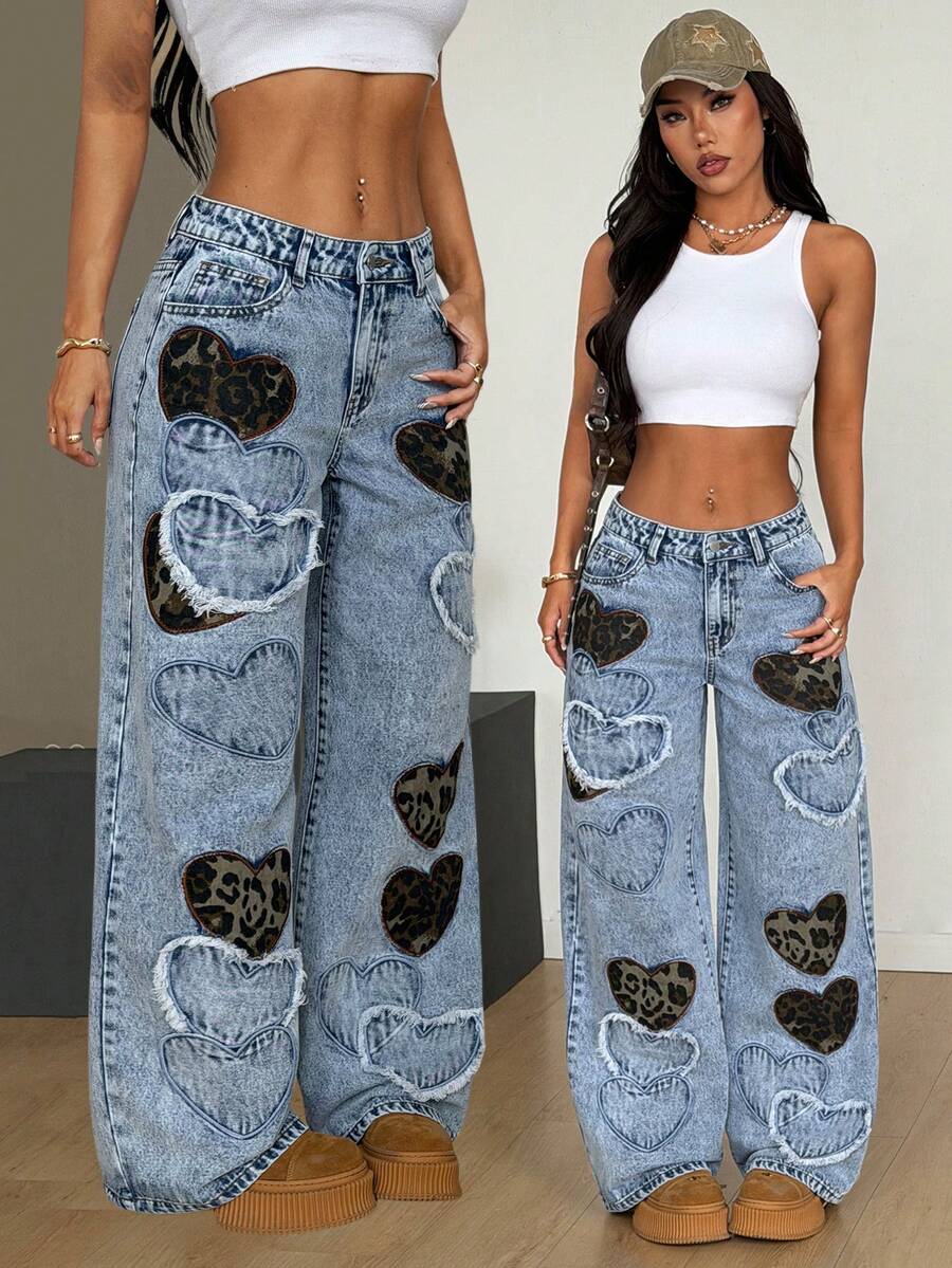 SHEIN PETITE Women's Heart Pattern Casual Jeans - Light Wash - View 1