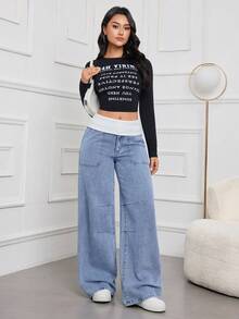 SHEIN Tall 春夏女式休闲日常通勤时尚街头撞色白色翻边腰宽松阔腿牛仔裤 - 中等水洗藍 - 查看 6