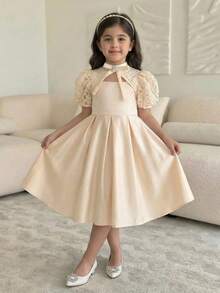 Vestido de novia tejido con cuello alto, cintura hueca y dobladillo acampanado con parches de malla bordada con flores para niña, vestido de dama de honor de unicolor satinado, vestido formal de color albaricoque, vestido de niña de las flores para la temporada de bodas - Albaricoque - Ver 2