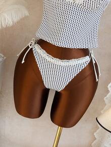 Swim Mod 女士沙滩音乐波点蕾丝边系带吊带泳衣套装，可爱风格，春夏款 - 彩色 - 查看 4