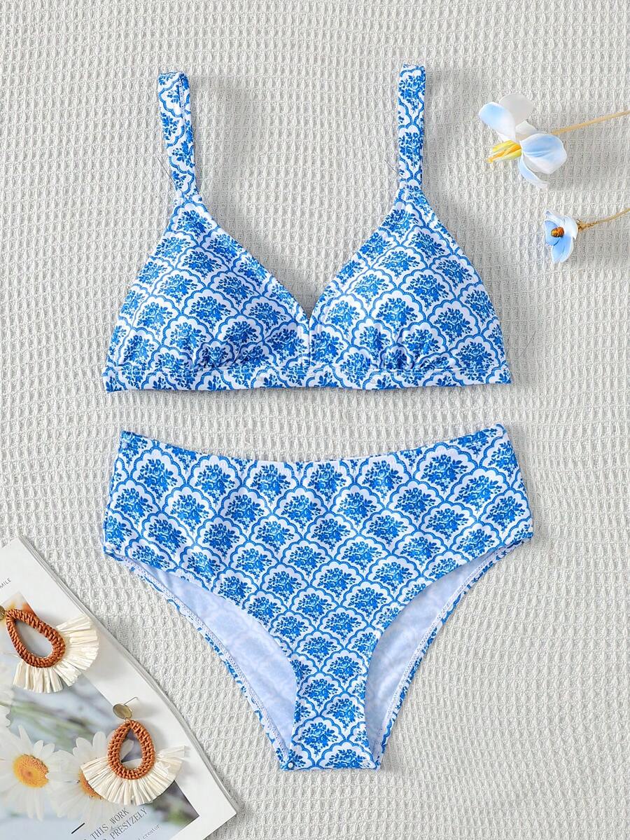 SHEIN 少女夏季全印花细肩带两件式比基尼套装 - 非常适合海滩度假和游泳。 - 藍白色 - 查看 1