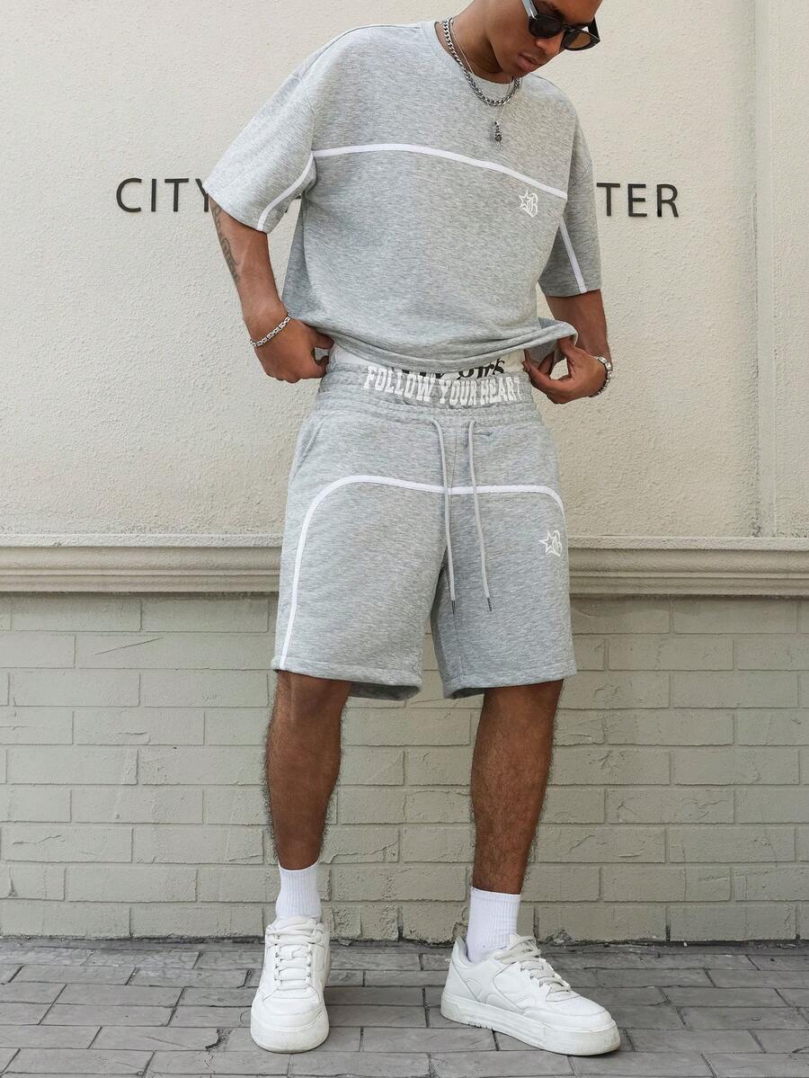 PAVTROS 年轻街头风，缎带设计，哥特字母印花灰色男士T恤套装 - 灰色 - 查看 1