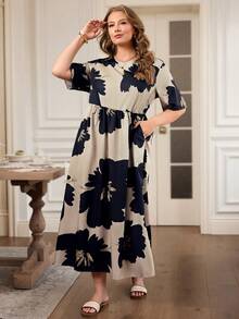 Rosumi 加大码短袖腰部褶皱开衩侧双口袋音乐节波西米亚花卉印花连衣裙，适合春夏季 - 彩色 - 查看 5