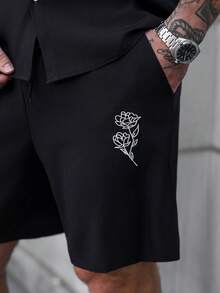 Manfinity CasualCool 男士印花纽扣短袖衬衫和斜插口袋短裤套装 - 黑色 - 查看 6