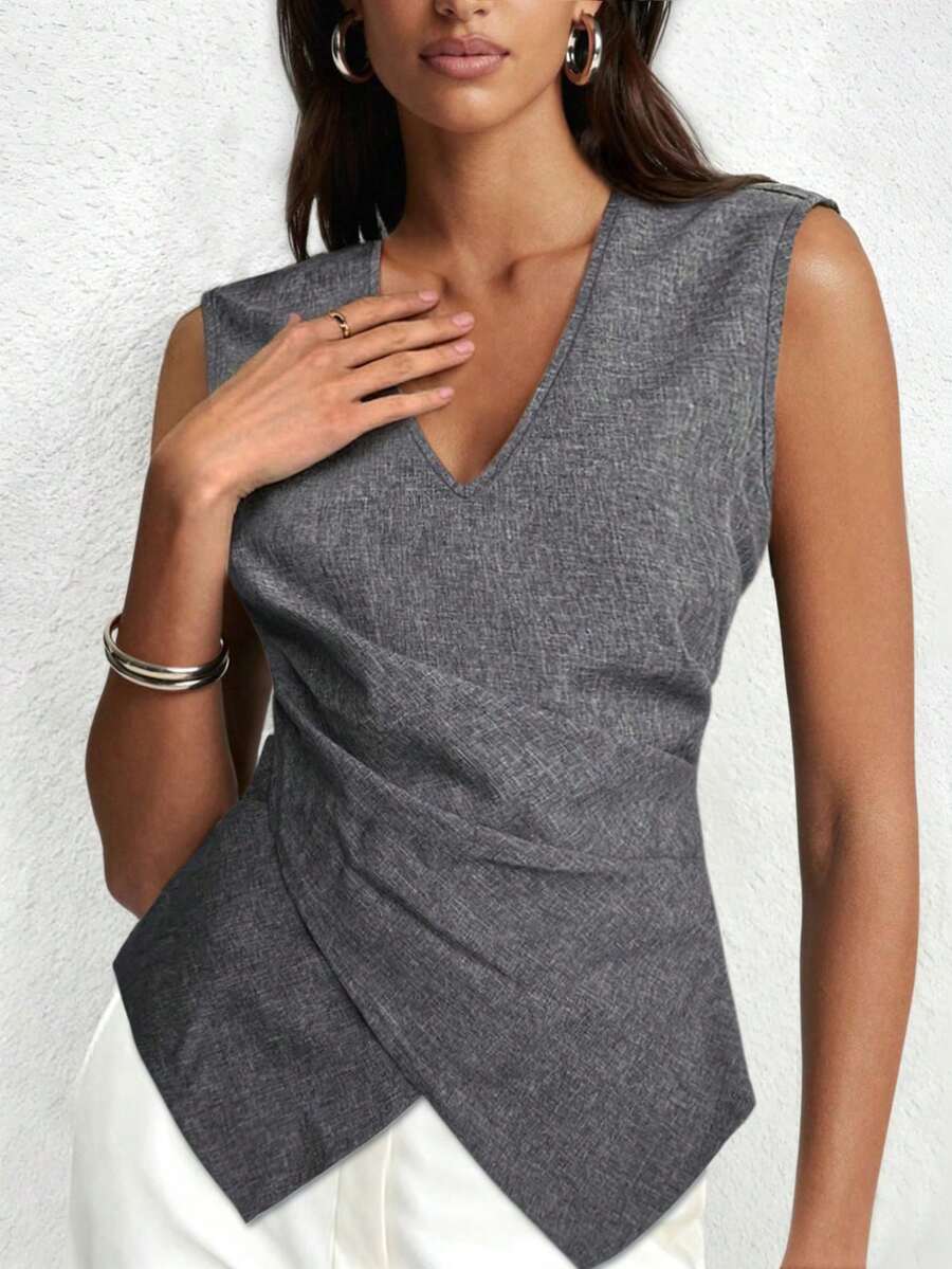 INAWLY Plus Size Women Gray V-Neck Pleated Sleeveless Casual Top - Grey - View 1