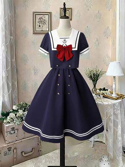 Sweetra Conjunto de 2 piezas de blusa holgada de manga corta con cuello cuadrado y lazo estampado, talla grande falda evasé de talla grande