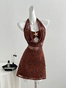 Sweetra 性感垂褶领露背吊带蕾丝边收腰修身夏季连衣裙，女士 - 棕色 - 查看 2