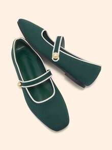 CUCCOO BASICS Sepatu Mary Jane Wanita Warna Hijau Zaitun dengan Ujung Persegi, Trim Putih dan Desain Tali Dekorasi Mutiara, Segar dan Bergaya, Cocok untuk Bepergian, Kencan, Pesta, dan Acara Lainnya - Dark Green - View 5