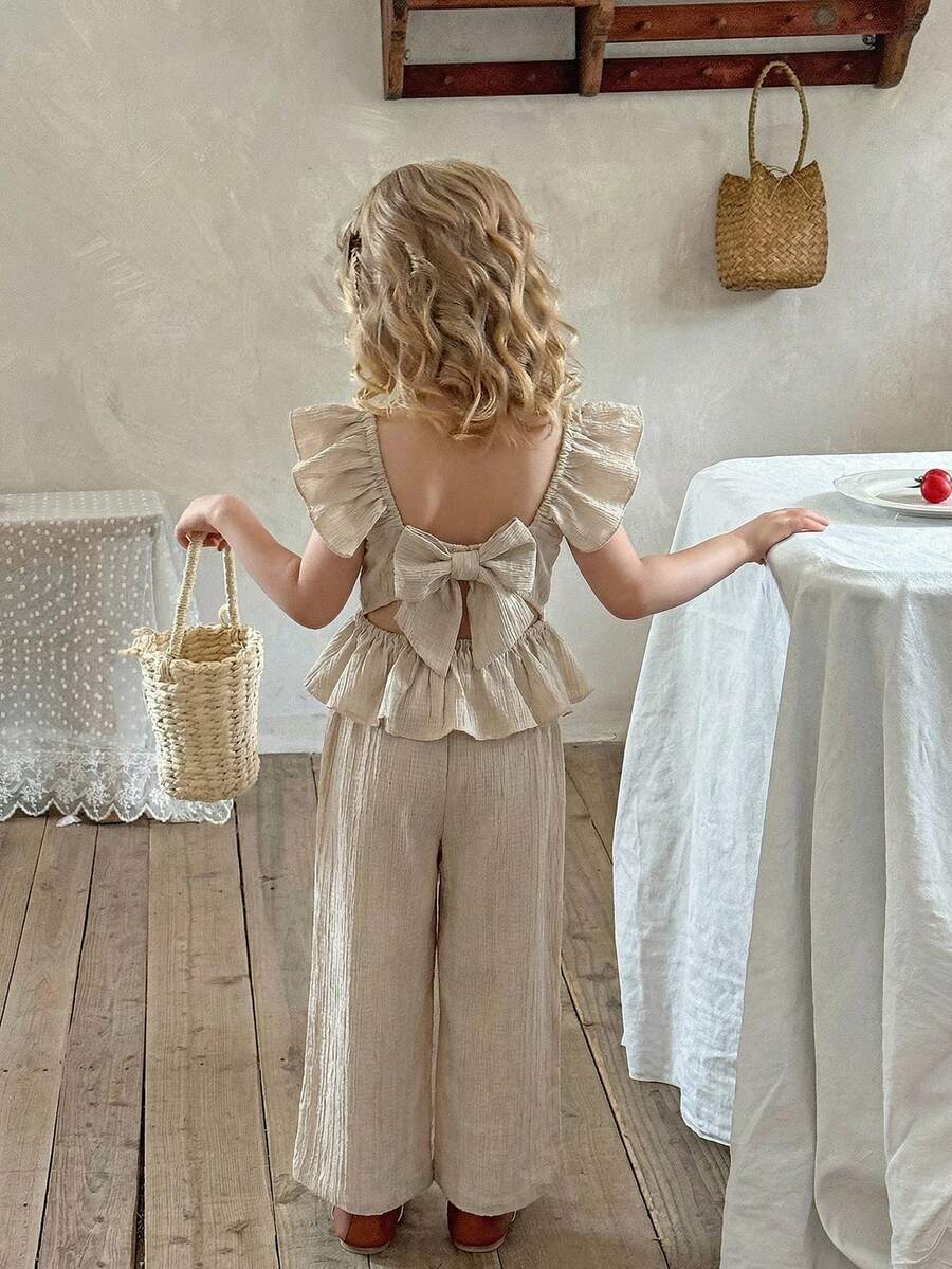 LMoss Kids 2pcs Young Girl Set: Woven Collared Ruffle Trim Blouse And Woven Loose Fit Pants - Apricot - View 1