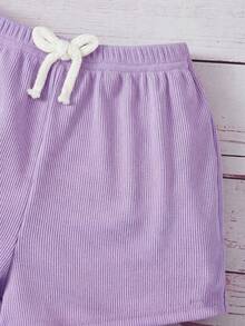SHEIN 2pcs Baby Girl Purple Knitted Striped Contrast Floral Pattern Casual Cute Summer Sleeveless Top And Elastic Waist Shorts Set,Sweet Vacation Wear - Multicolor - View 5