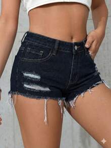 SHEIN PETITE Frayed Ripped Fashion Summer Denim Shorts With Belt Loops - Dark Wash - View 5