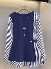 GlowEve Women's New Striped Patchwork Round Neck Long Sleeve Waist Cinched Fashionable Casual Blouse - Royal Blue - View 5