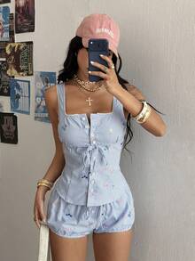 StreetHx 女士千禧年风格Y2K服装，黑色休闲街头风，刺绣纯色方领开衫套装，春秋季 - 藍色 - 查看 3