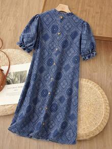 EMERY ROSE Plus Size Women Floral Print V-Neck Short Puff Sleeve Straight Denim Dress - Blue - View 2