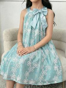 SHEIN Abito elegante e alla moda con collo rotondo e maniche corte per ragazze pre-adolescenti - Blu - Visualizzare 4