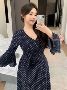 Dazy Plus Plus Size Women Allover Print V-Neck Flare Sleeve Elegant Nightgown Pajamas - Navy Blue - View 1