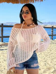 SHEIN Women's Lightweight Open Knit Long Sleeve Sweater With Vertical Rib Texture And Chest Pocket, Breathable Summer Layering Top For European Casual Style - White - View 6