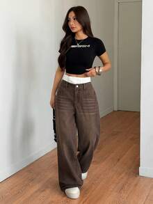 SHEIN Tall 夏季女式牛仔裤低腰宽松直筒裤双腰直筒裤拼接直筒裤 - 棕色 - 查看 6