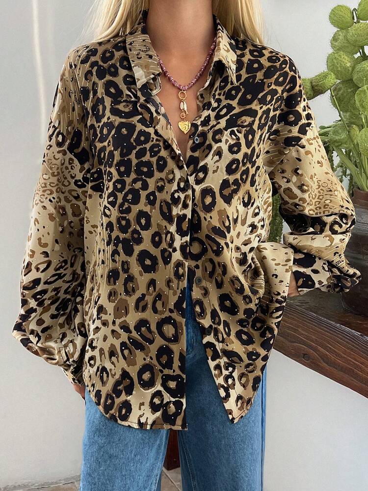 Women's Leopard Print Rhinestone Embellished Turndown Collar Loose Casual Shirt