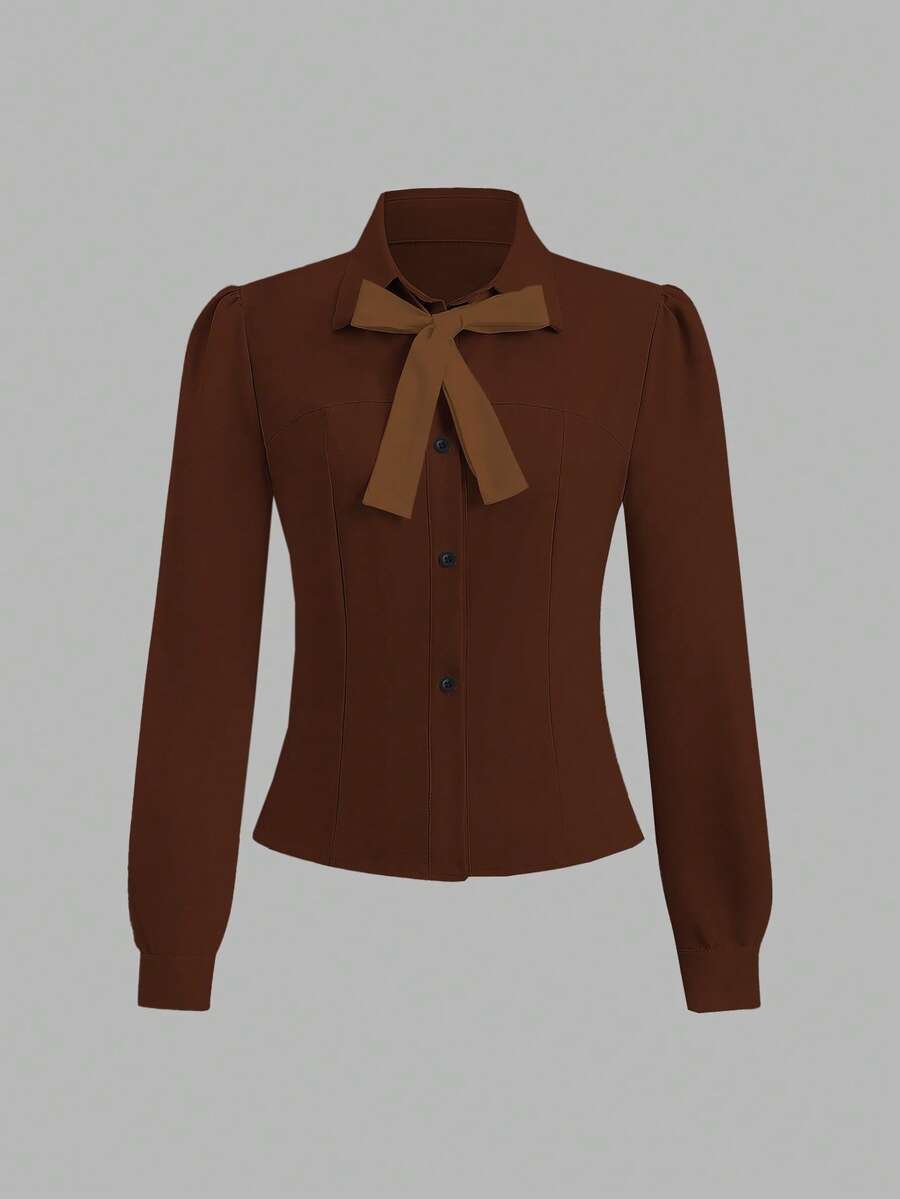 SHEIN Unity Front Button Closure Long Sleeve Shirt With Bow Decor - Coffee Brown - View 1