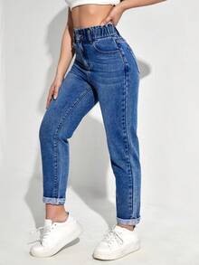 SHEIN PETITE 女士休闲日常口袋纽扣牛仔裤 - 藍色 - 查看 5