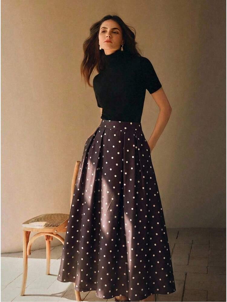 Casual Polka Dot A-Line Skirt, Versatile For Work And Vacation Poka Dots Polka Dot Skirt Women Long Skirts Pleated Skirt Polka Dots Elegant Skirt Midi Skirt