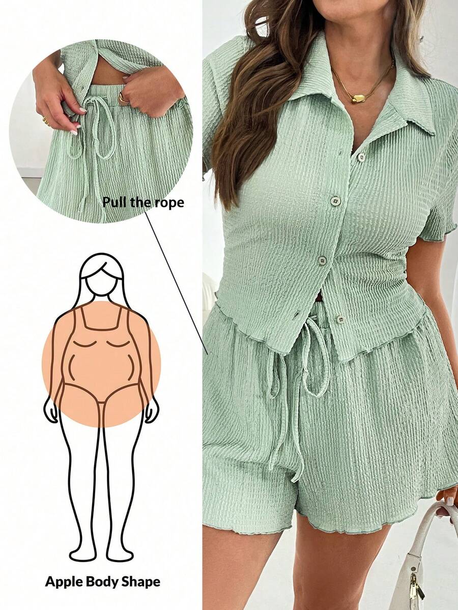 SHEIN Essnce 大码夏季两件套，夏季两件套短裤套装，返校季少女服装，女士两件套演唱会女装Y2K套装，两件套，女士休闲度假两件套薄荷绿套装 - 薄荷綠 - 查看 1