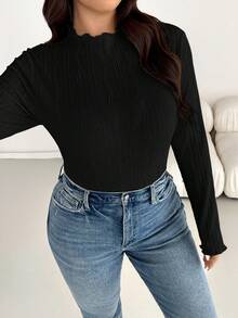 SHEIN Essnce 大尺碼女款黑色冬季休閒優雅通勤辦公正式穿搭 生日約會之夜秋季紋理布料小高領T恤上衣 - 黑色 - 查看 3