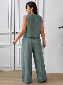 Lounesse Plus Size Elegant Casual Commute Vest, Shirt And Straight Leg Pants - Green - View 2